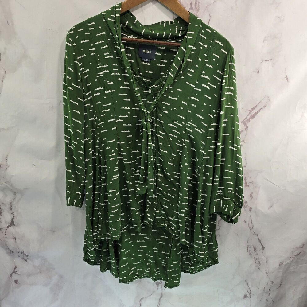 Maeve Shirt Womens Small Green Cloud Print Blouse Maeve Hi Low Tie Front